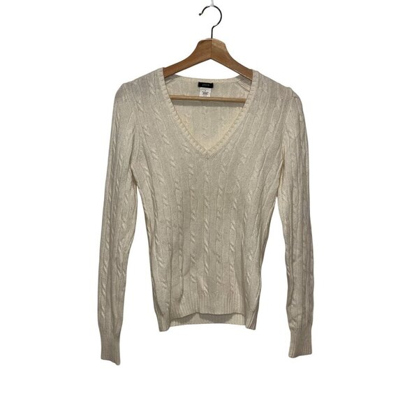 J.Crew Cream Cable Knit Merino Wool V-Neck Pullover Sweater Women's Size S - Picture 2 of 8